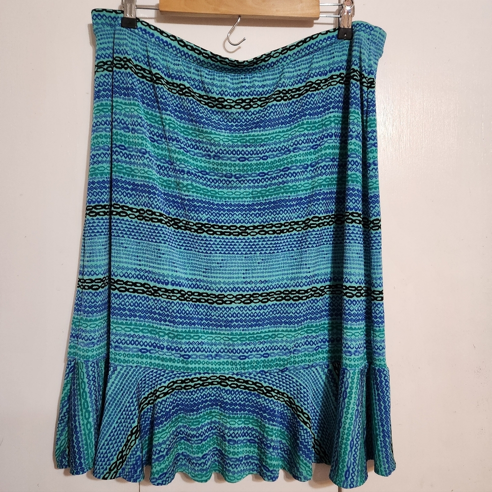 Jaclyn Smith XXL Skirt Blue Green Geometric Striped Mermaid Hem Stretch Boho